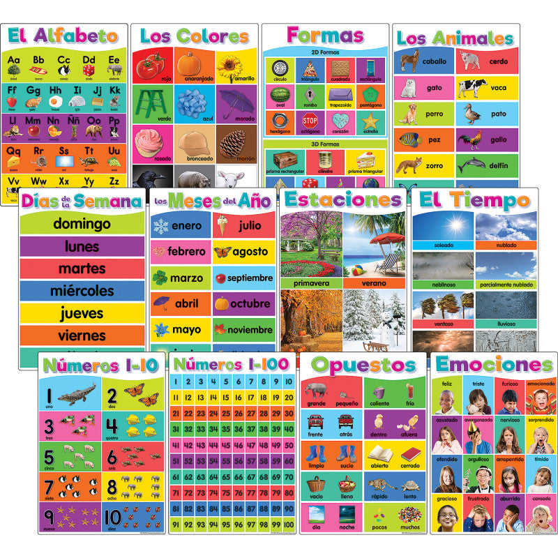 Spanish Colorful Early Learning Small Poster Pack, 11" x 15-3/4", Pack of 12