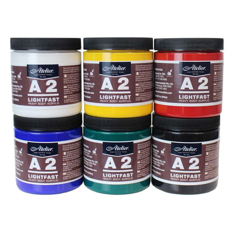 A2 Heavy Body Lightfast Artist Acrylic, 237 ml Jars, 6 Color Set