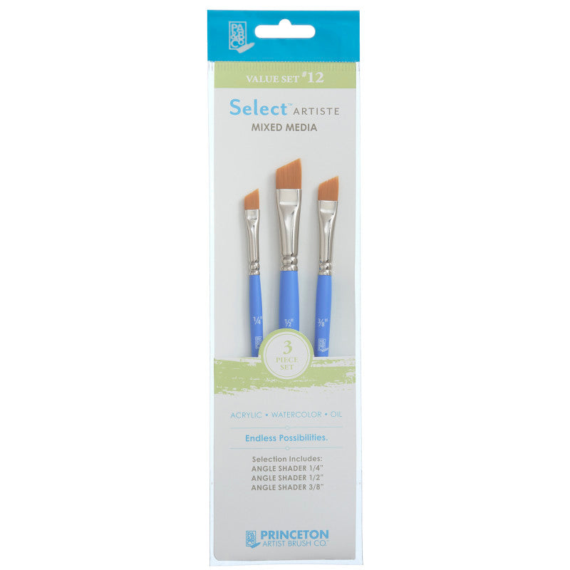 Select Artiste Brush Set No. 12, Synthetic Bristles, Short Handle Mixed Media Paintbrush, Jewel Blue, 3 Pieces
