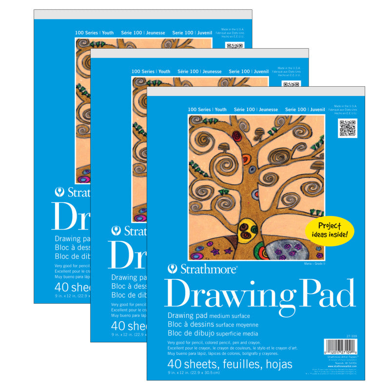 100 Series Drawing Pad, 40 Sheet, 9x12 inch, Pack of 3