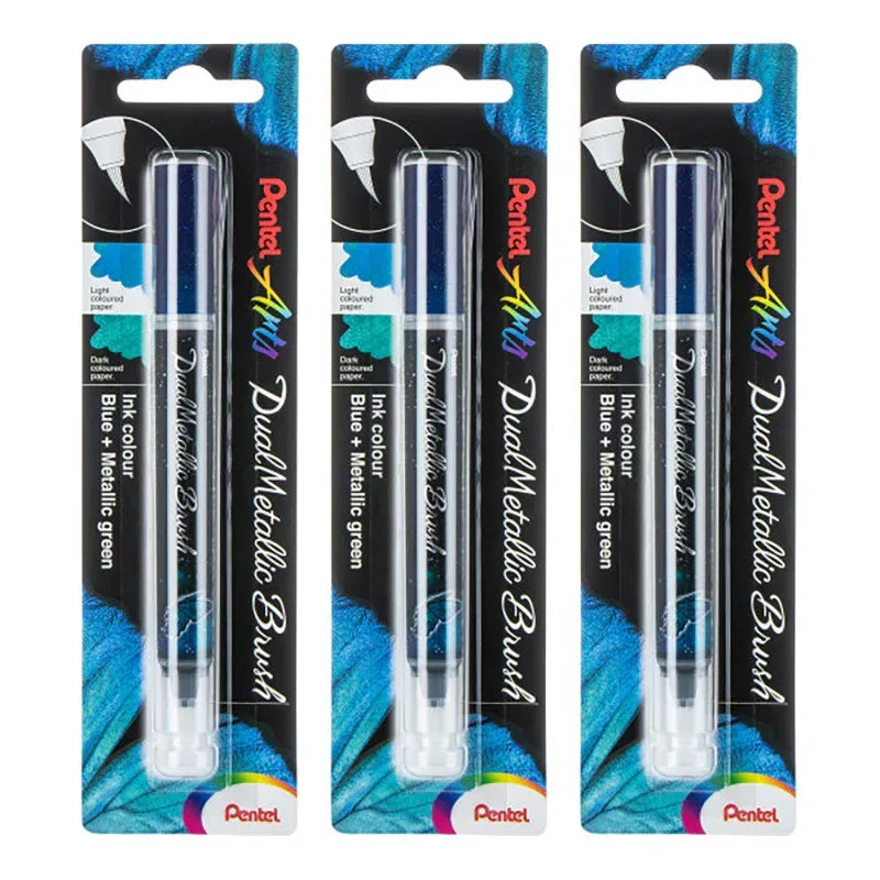DualMetallic Brush, Blue/Metallic Green Ink, Pack of 3