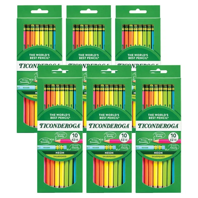 Premium Neon Wood No. 2 Pencils with Eraser, 10 Per Pack, 6 Packs
