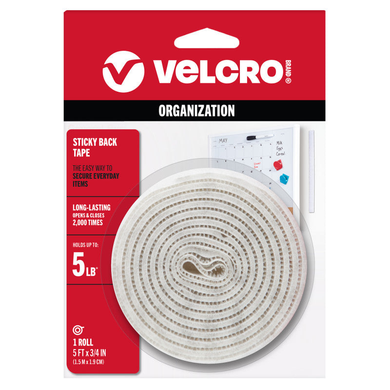 Sticky Back Hook and Loop Tape, 5 ft x 3/4 in, White