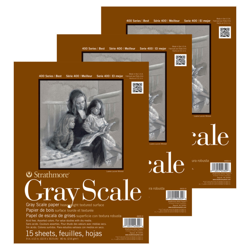 400 Series Grayscale Paper Pad, Glue Binding, 15 Sheet, 9x12 inch, Pack of 3