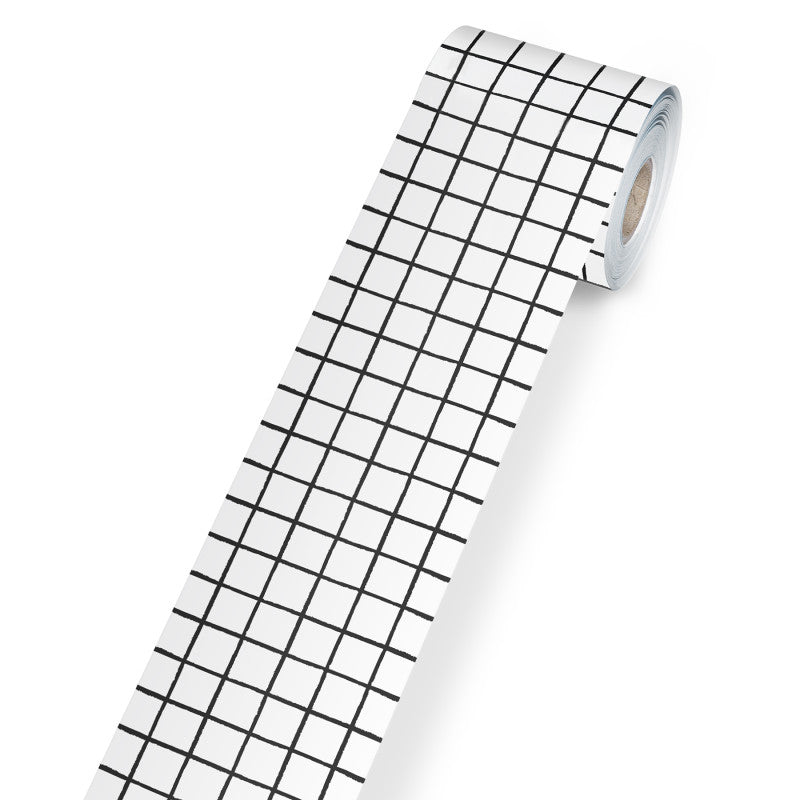 Happily Ever Elementary Creatively Inspired Black & White Grid Rolled Straight Bulletin Board Borders, 65 Feet