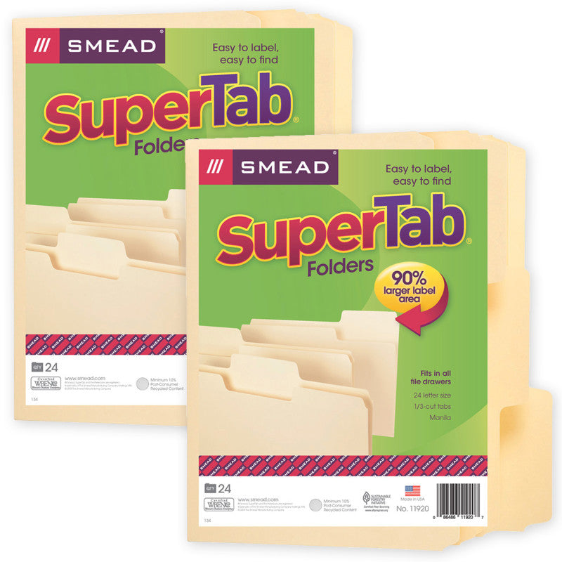 SuperTab&reg; File Folder, Oversized 1/3-Cut Tab, Letter Size, Manila, 24 Per Pack, 2 Packs