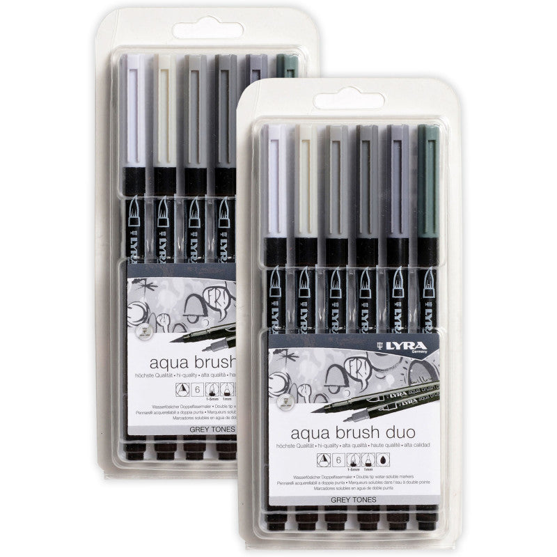 Aqua Brush Duo Dual Tip Marker Set, Gray Assorted Colors, 6 Per Set, 2 Sets