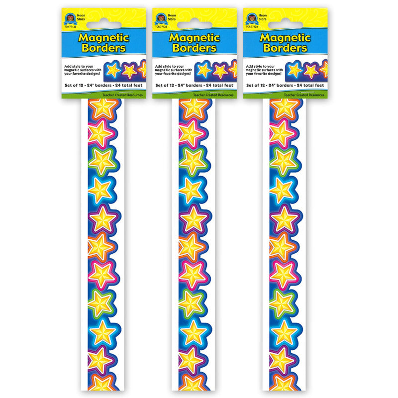 Magnetic Borders, Neon Stars, 24 Feet Per Pack, 3 Packs