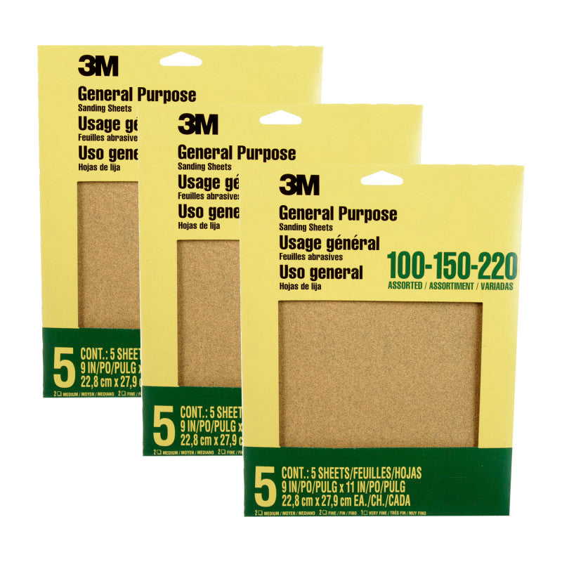 General Purpose Sanding Sheets, 100, 150, 200 Grit Assortment, 9x11 in, 5 Sheets Per Set, 3 Sets
