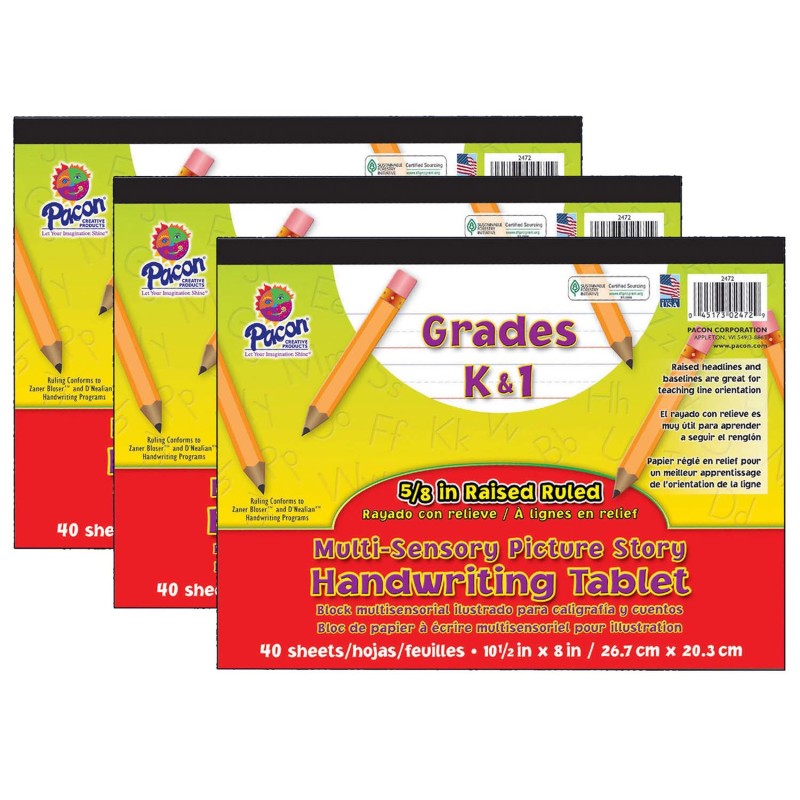 Multi-Sensory Raised Ruled Tablet, Tape Bound, 5/8" x 5/16" x 5/16" Picture Story Ruled Long, 10-1/2" x 8", 40 Sheets, Pack of 3