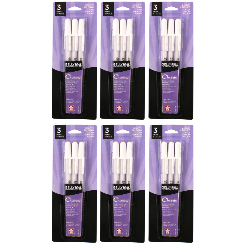 Gelly Roll Classic Gel Ink Pens, 05 Fine, White, 3 Per Pack, 6 Packs