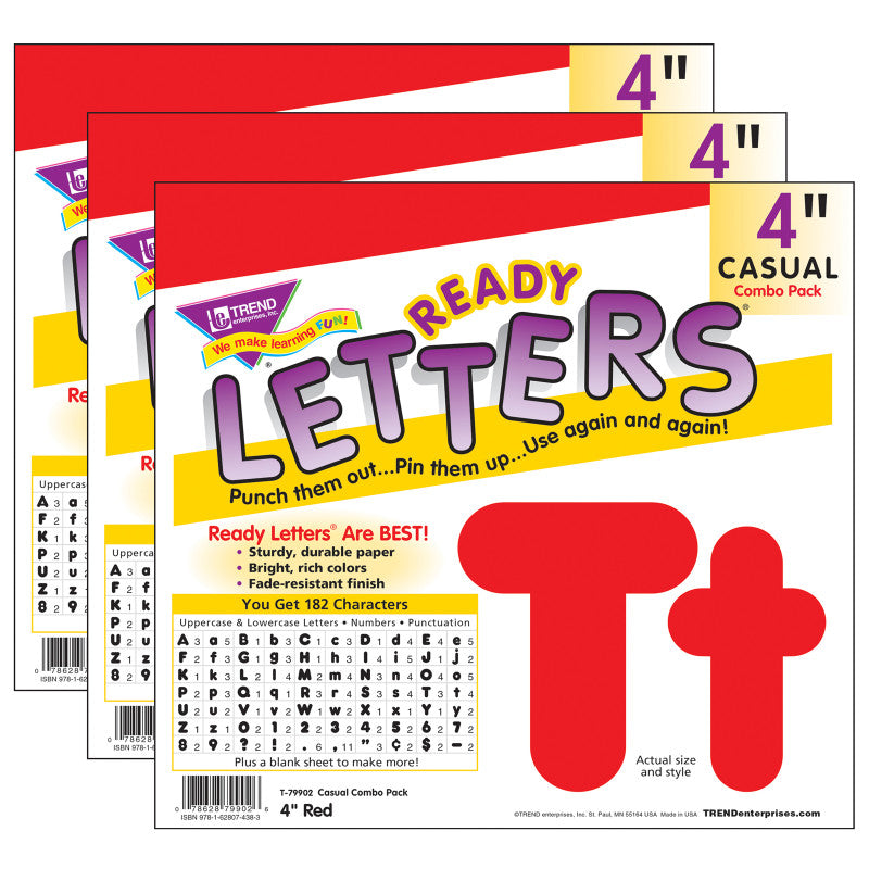 Red 4-Inch Casual Uppercase/Lowercase Combo Pack Ready Letters&reg;, 182 Per Pack, 3 Packs