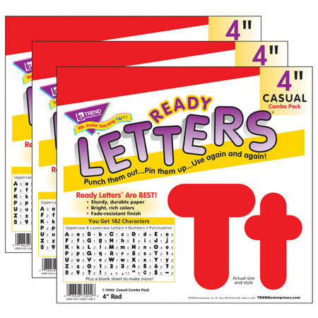 Red 4-Inch Casual Uppercase/Lowercase Combo Pack Ready Letters&reg;, 182 Per Pack, 3 Packs