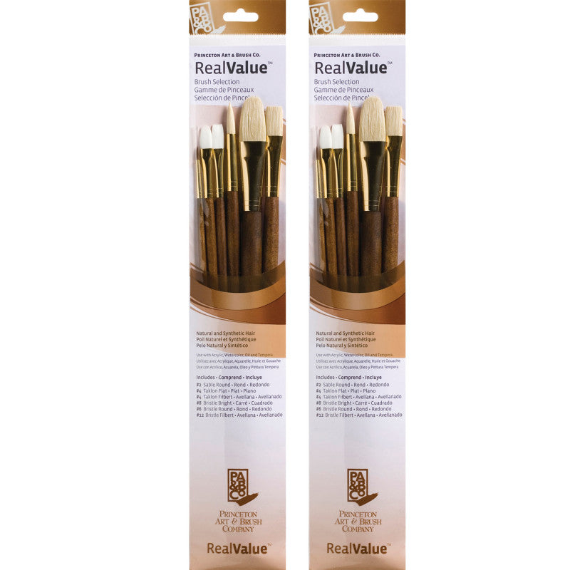 RealValue Brush Set, Natural Bristles, Long Handle Mixed Media Paintbrush, Brown, 6 Per Set, 2 Sets
