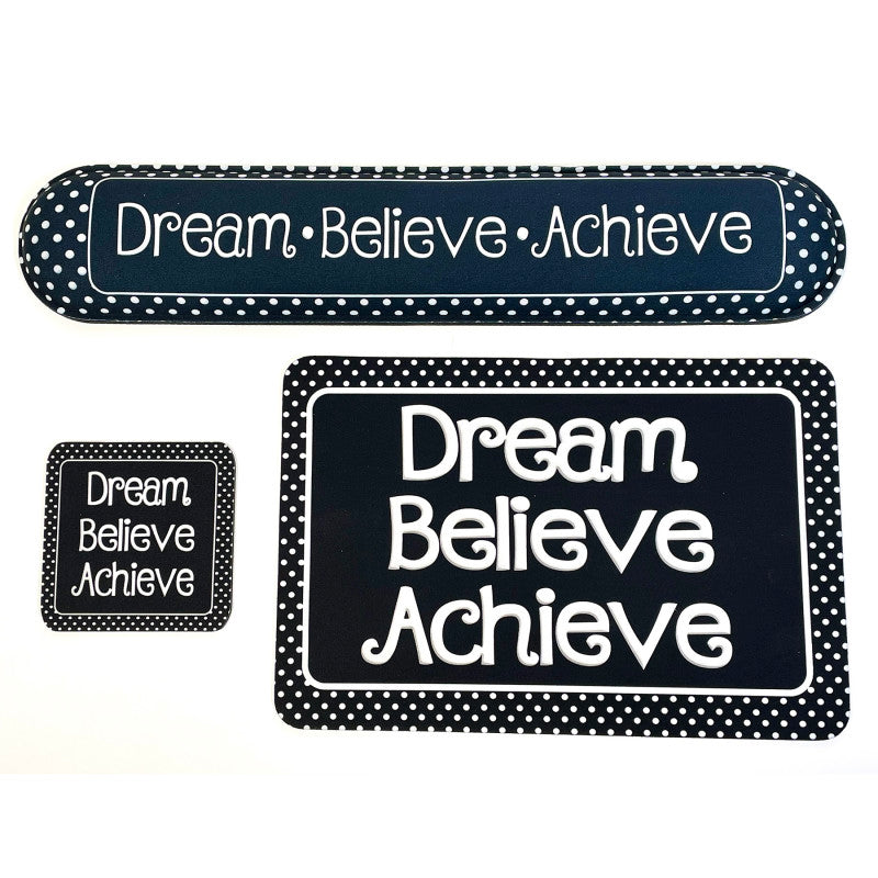 The Original Fun MatÂ® Computer Desk Mats, Set of 3, (1) Mouse Pad, (1) Keyboard Wrist Pad, (1) Coaster, Dream, Believe, Achieve, Black with White Dots