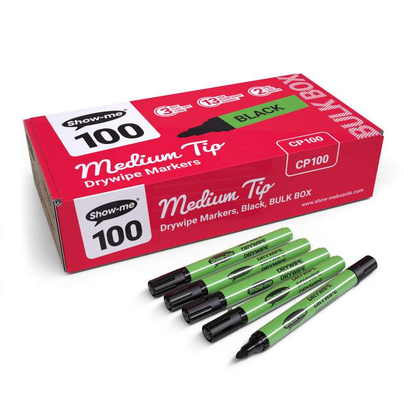 Medium Tip Slim Barrel Dry Erase Markers, Black, Classbox of 100