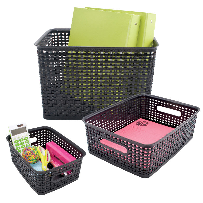 Plastic Weave Storage Bins, Assorted Sizes, Black, Set of 3