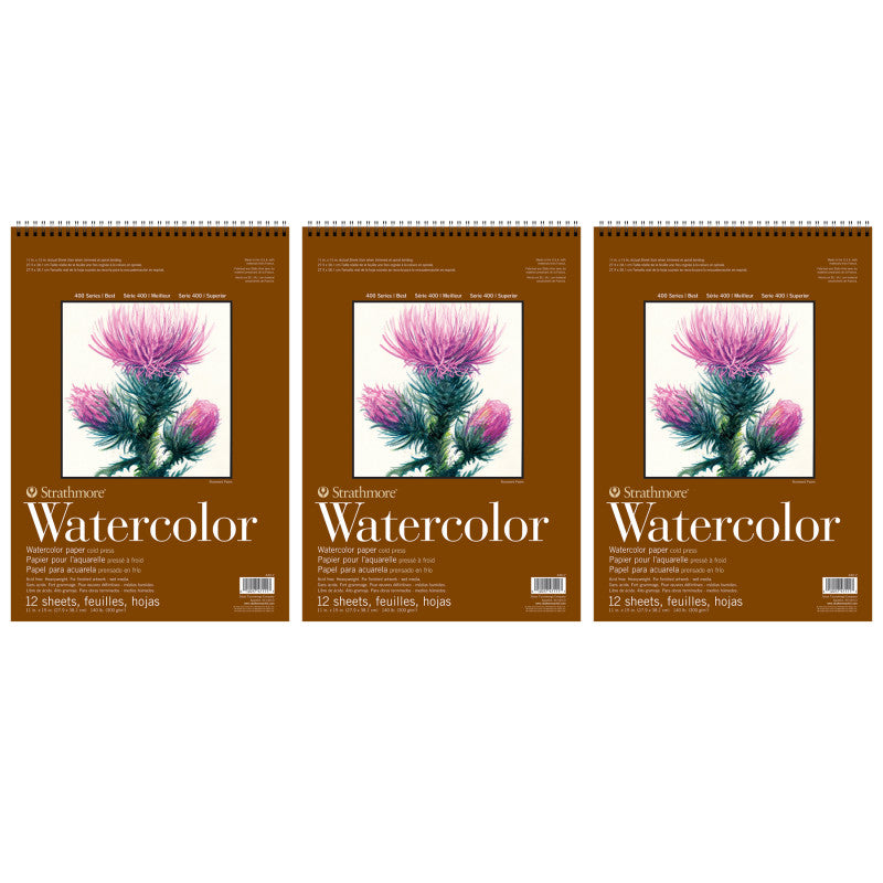 400 Series Watercolor Pad, Top Wire Binding, 12 Sheet, 11x15 inch, Pack of 3