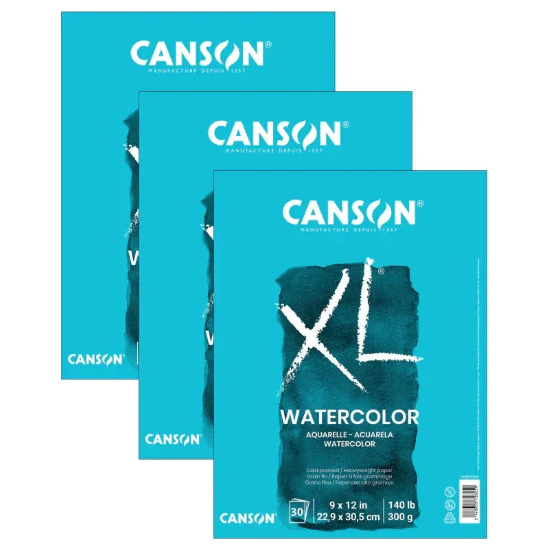 XL Series Watercolor Pad, Heavyweight White Paper, Foldover Binding, 30 Sheets, 9x12 inch, Pack of 3