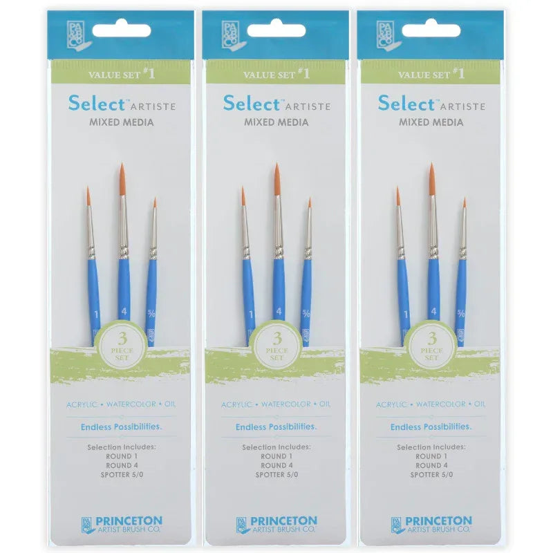 Select Artiste Brush Set No. 1, Synthetic Bristles, Short Handle Mixed Media Paintbrush, Jewel Blue, 3 Per Set, 3 Sets