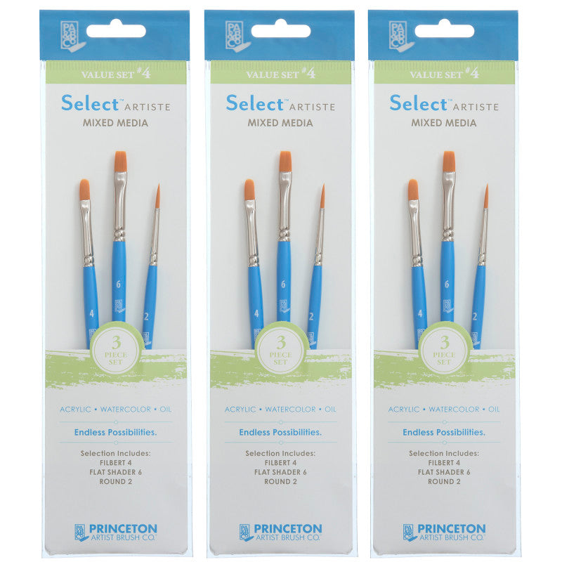 Select Artiste Brush Set No. 4, Synthetic Bristles, Short Handle Mixed Media Paintbrush, Jewel Blue, 3 Per Set, 3 Sets