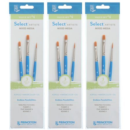 Select Artiste Brush Set No. 4, Synthetic Bristles, Short Handle Mixed Media Paintbrush, Jewel Blue, 3 Per Set, 3 Sets