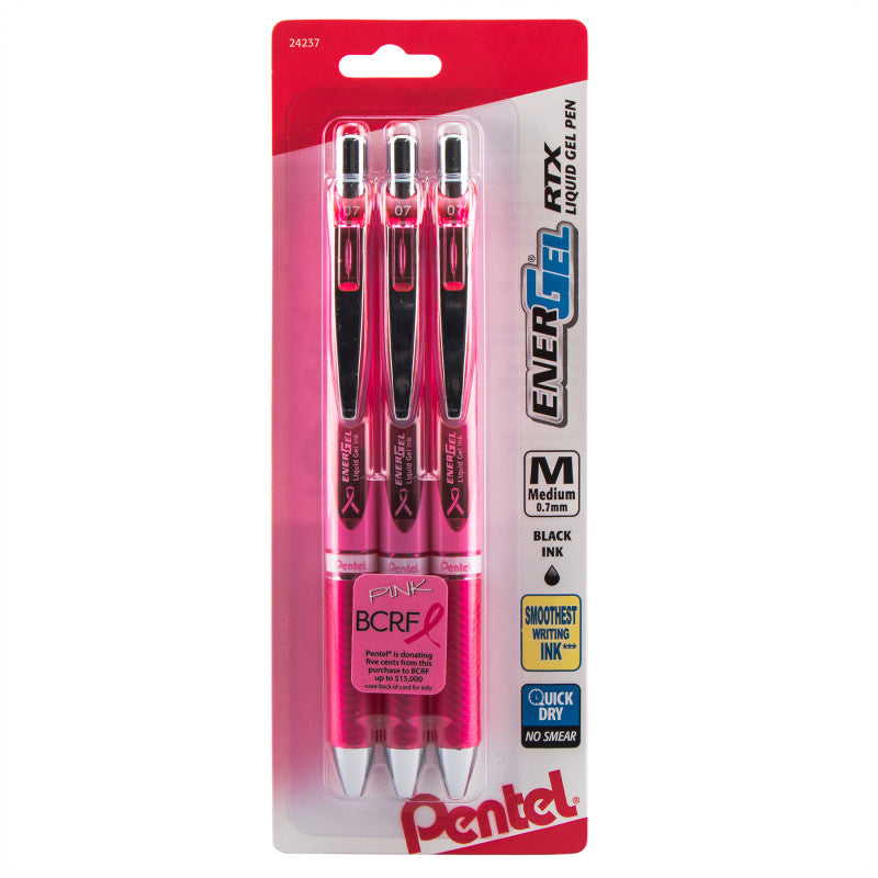 PINK BCA Ribbon EnerGel RTX Retractable Liquid Gel Pen, (0.7mm) Metal Tip, Medium Line,Pink Barrel, Black Ink, 3-Pk