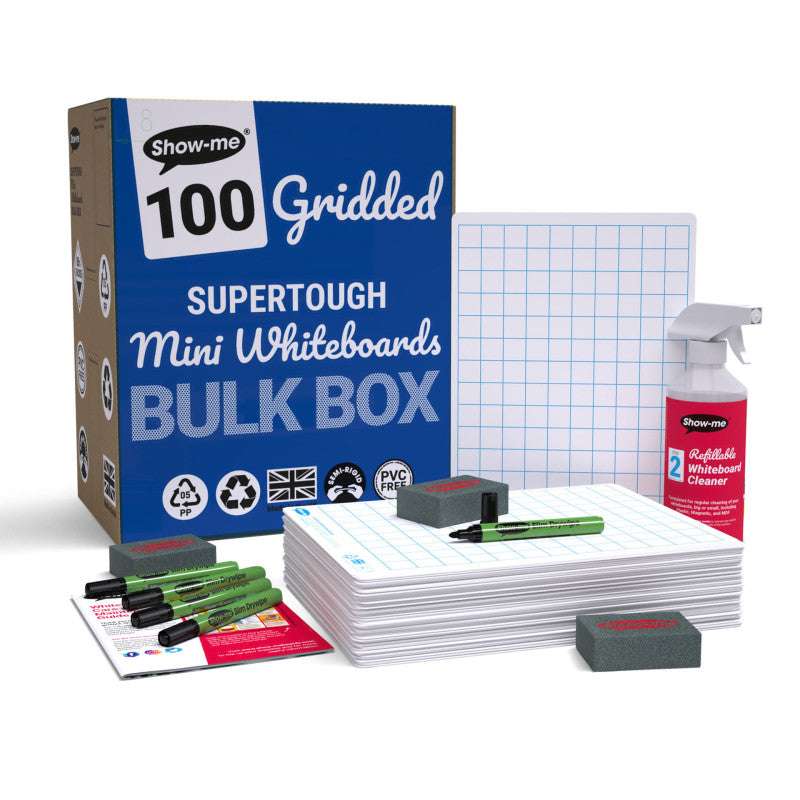 Bulk Box of 100 x A4 Gridded/Plain SUPERTOUGH Lapboards, with Pens, Erasers, Cleaner