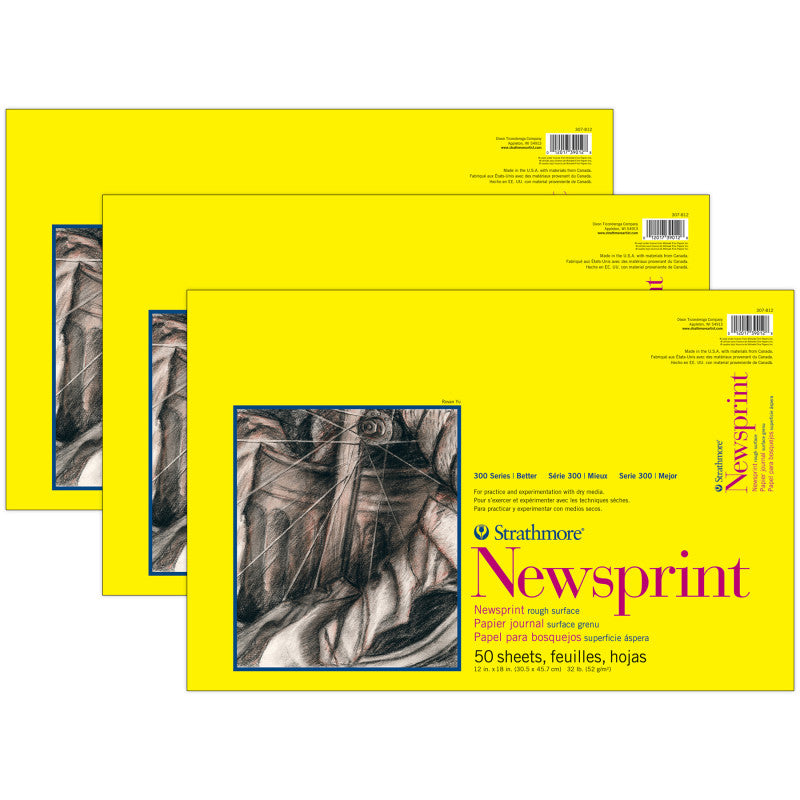 300 Series Newsprint Pad, Tape Binding, 50 Sheet, 12x18 inch, Pack of 3
