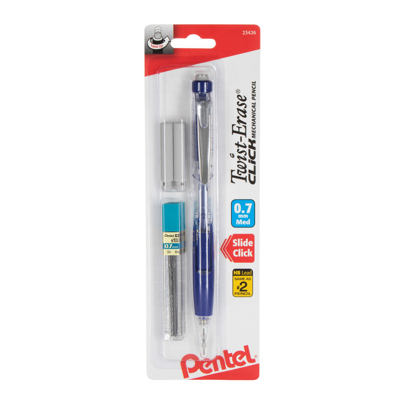Twist-Erase Click Mechanical Pencil (0.7mm) Clear Barrel, 1-Pack with Lead & 2 Erasers