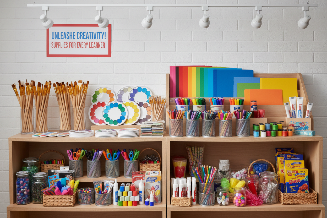 Stationery and art supplies displayed on shelves with a motivational poster on the wall.