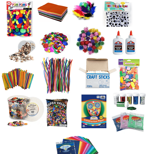 Assorted craft supplies including pom-poms, paper, glue, and construction paper on a white background.