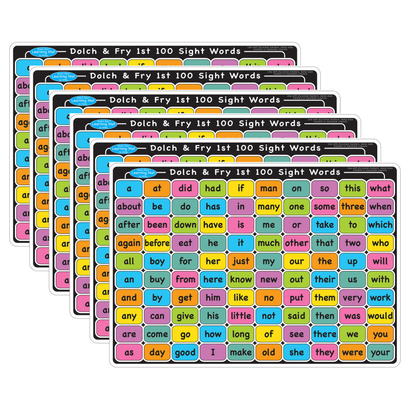 Smart Poly&trade; Learning Mat, 12" x 17", Double-Sided, Sight Words 1st & 2nd 100, Pack of 6