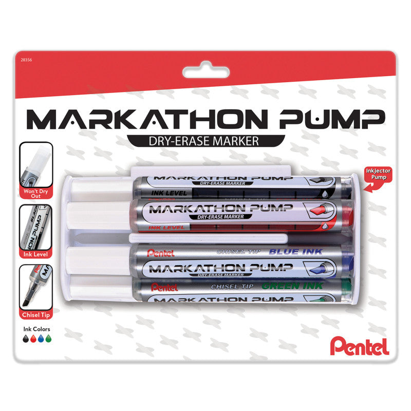 Markathon Pump Dry Erase Marker, Chisel Tip, Assorted Colors, 4-Pack with Eraser