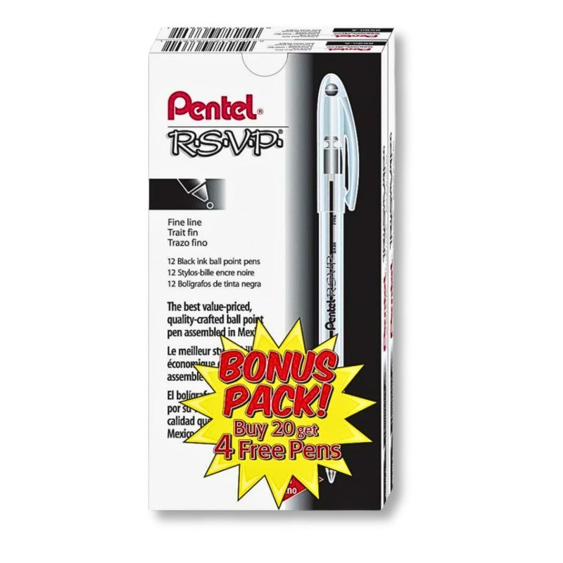 RSVP Ballpoint Pens, 0.7mm Fine Point, Black Ink, Transparent Barrel, 24 Pack