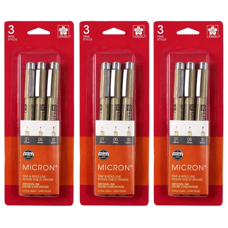 Pigma Micron Pens, Cool Gray, Assorted Sizes, 3 Per Set, 3 Sets