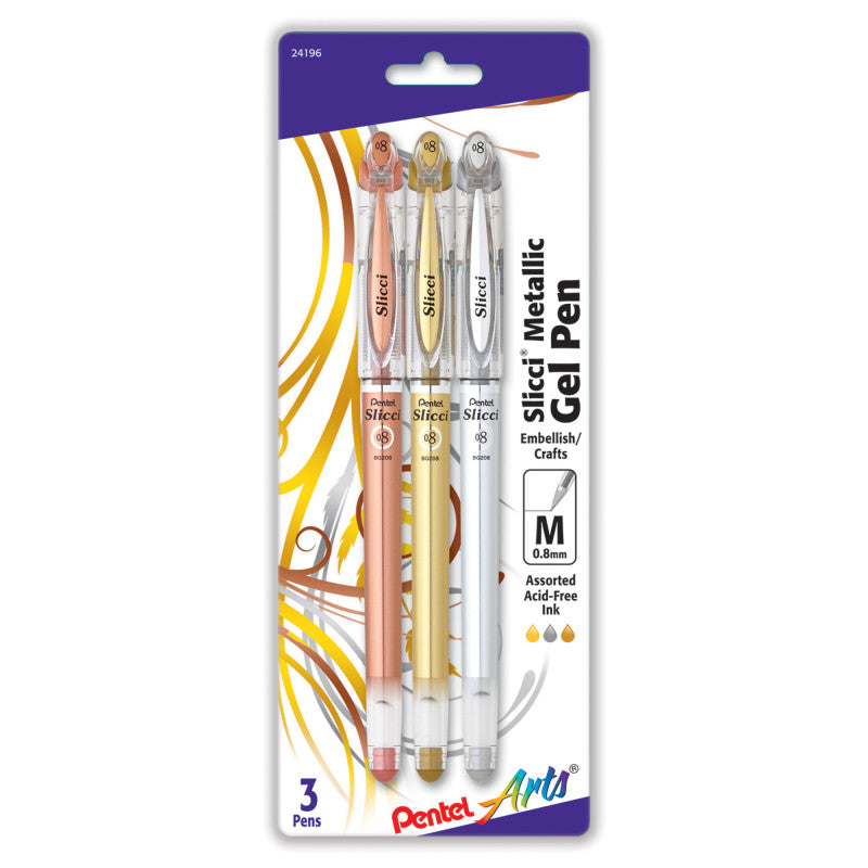Slicci Metallic Gel Pen, Med 0.8mm Needle Tip, Assorted Ink (E/X/Z), 3 Pack
