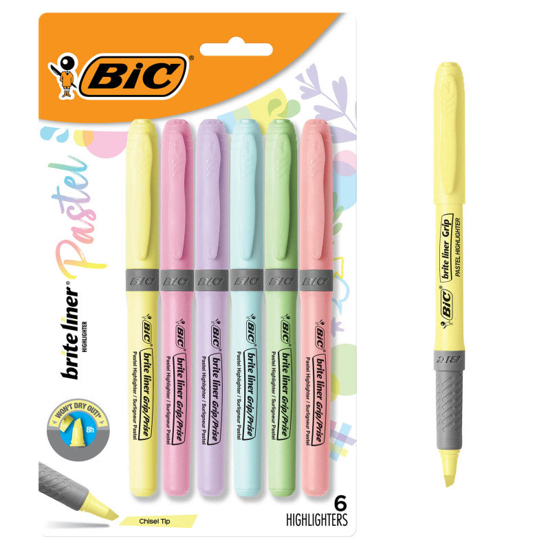 Brite Liner Grip Pastel Highlighters, Chisel Tip, Assorted Colors, 6 Count