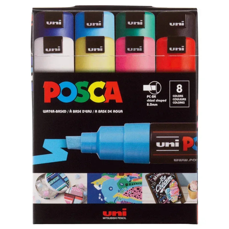 uni® POSCA PC-8K Water-Based Paint Markers, Broad Tip (8mm), Assorted Colors, 8 Pack