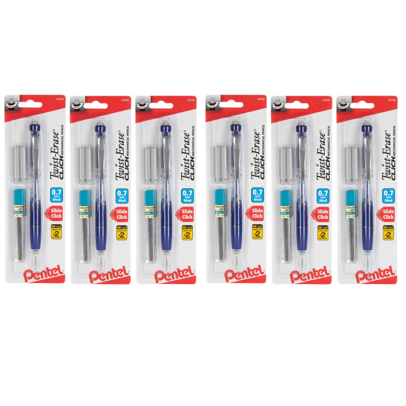 Twist-Erase Click Mechanical Pencil (0.7mm) Clear Barrel, 1-Pack with Lead & 2 Erasers, Pack of 6