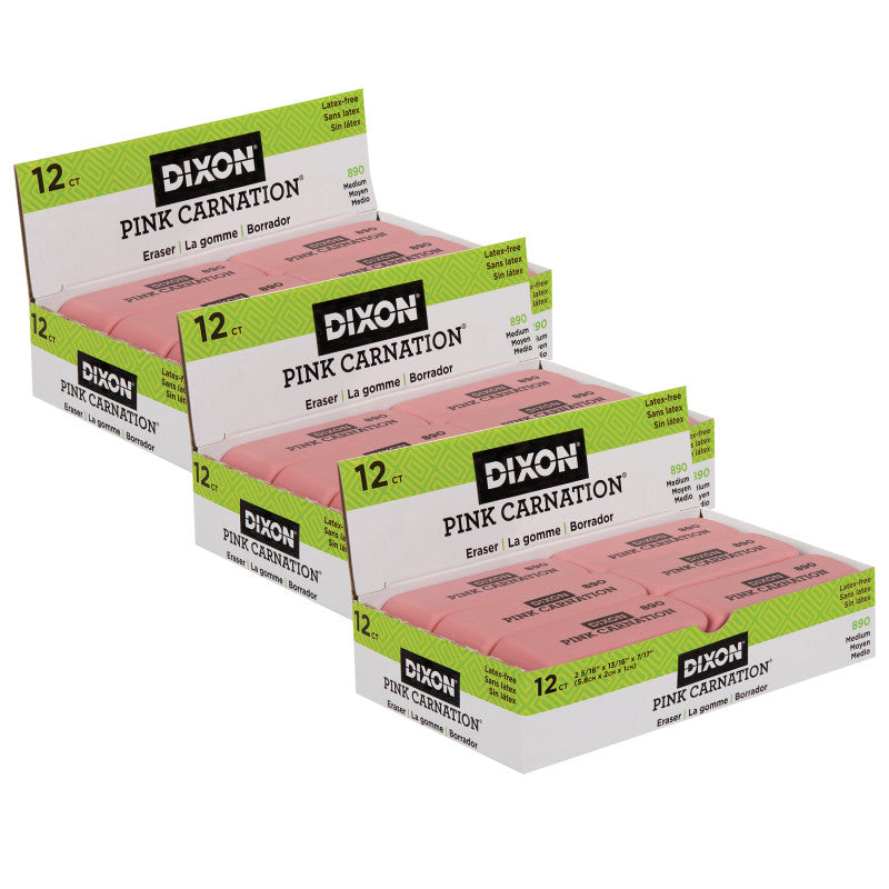 Pink Carnation Erasers, Medium, 2-5/16 x 13/16 x 7/17, 12 Per Pack, 3 Packs