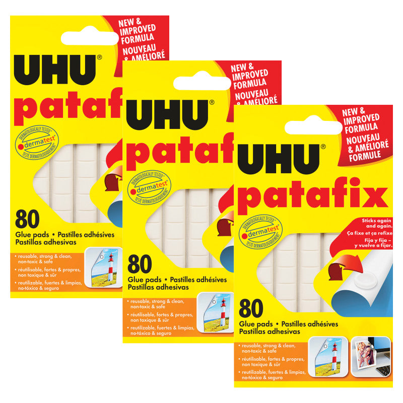 UHU Adhesive Tac Putty, Removable & Reusable, White, 50 g, 80 Pads Per Pack, 3 Packs