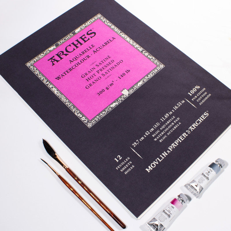 Aquarelle Watercolor Paper Pad, Hot Press, Natural White, 140 lb (300 gsm), Glue Binding, 12 Sheet, 11.69x16.53 in, 1 Count