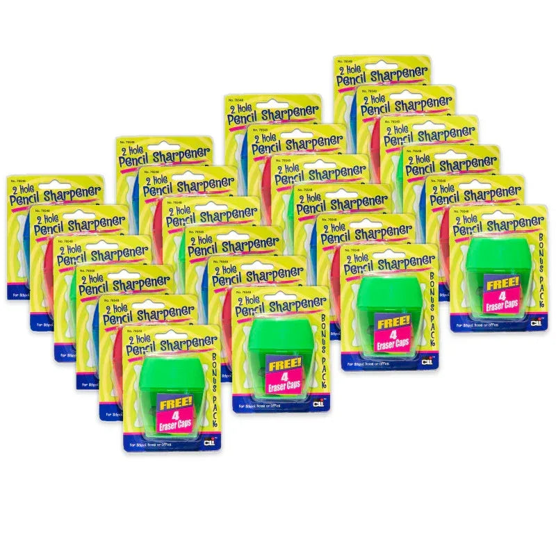 3 Hole Pencil Sharpener w/catcher, Assorted Colors, 12 per Pack, 2 Packs