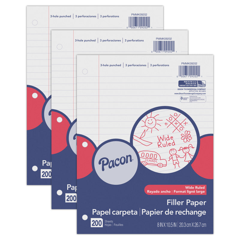 Filler Paper, White, 3-Hole Punched, Red Margin, 3/8" Ruled, 8" x 10.5", 200 Sheets Per Pack, 3 Packs