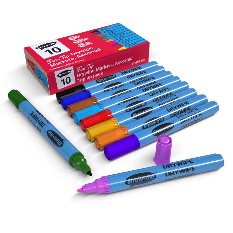 Fine Tip Slim Barrel Dry Erase Markers, Assorted Colors, Box of 10