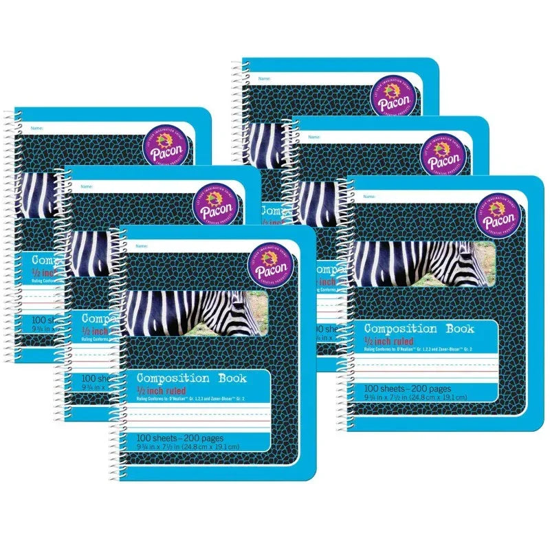 Primary Composition Book, Spiral Bound, D'Nealian/Zaner-Bloser, 1/2" x 1/4" x 1/4" Ruled, 9-3/4" x 7-1/2", 100 Sheets, Pack of 6