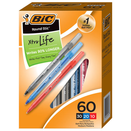 Round Stic&reg; Xtra Life Ballpoint Pen, Medium Point (1.0mm), Assorted, Box of 60