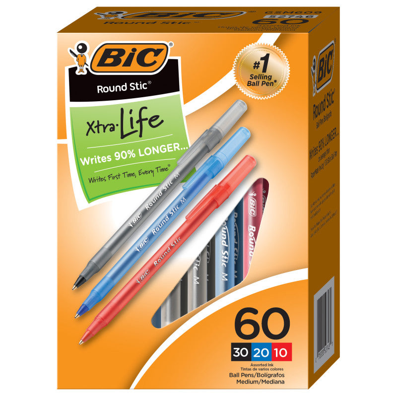 Round Stic&reg; Xtra Life Ballpoint Pen, Medium Point (1.0mm), Assorted, Box of 60