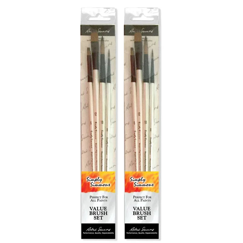 Simply Simmons Brush Set, Synthetic Bristles, Long Handle Acrylic & Oil Paintbrush, White, 4 Pieces Per Set, 2 Sets